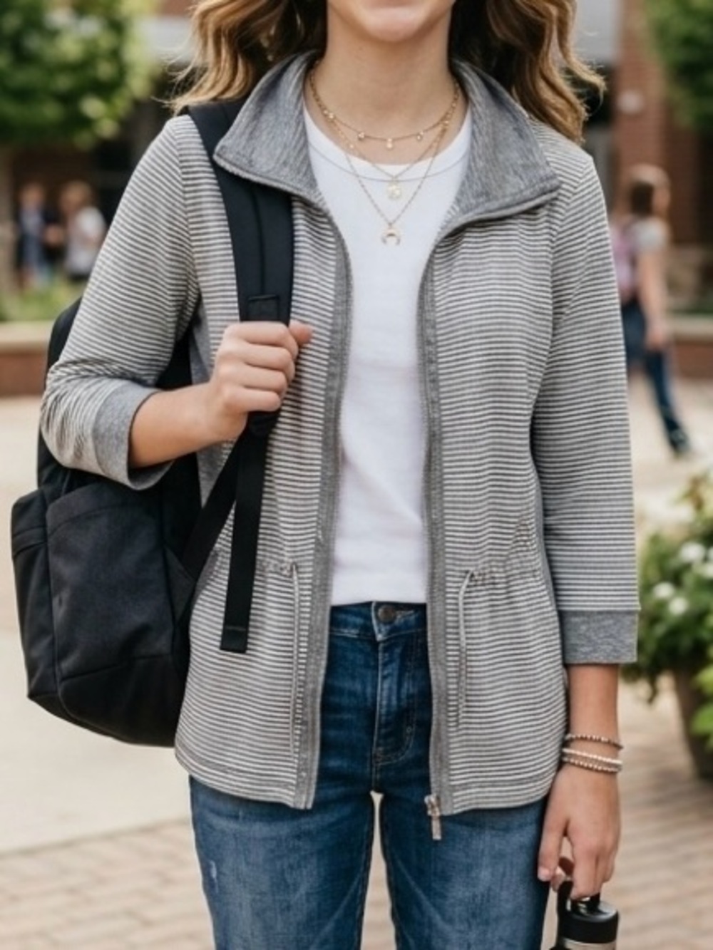 Chico’s Collection Gray White Striped Full Zip Jacket Sz 3 XL Dotted Cowl GUC